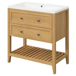 Meuble Buanderie|Meuble Sous-Vasque|GoodHome Meuble sous vasque à poser 2 tiroirs placage chêne l.80 x H.80,6 x P.45 cm, Perma
