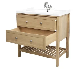 Meuble Buanderie|Meuble Sous-Vasque|GoodHome Meuble sous vasque à poser 2 tiroirs placage chêne l.80 x H.80,6 x P.45 cm, Perma