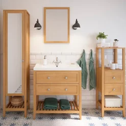 Meuble Buanderie|Meuble Sous-Vasque|GoodHome Meuble sous vasque à poser 2 tiroirs placage chêne l.80 x H.80,6 x P.45 cm, Perma