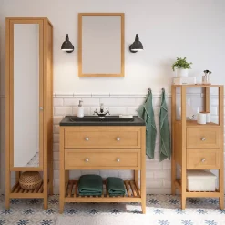 Meuble Buanderie|Meuble Sous-Vasque|GoodHome Meuble sous vasque à poser 2 tiroirs placage chêne l.80 x H.80,6 x P.45 cm, Perma
