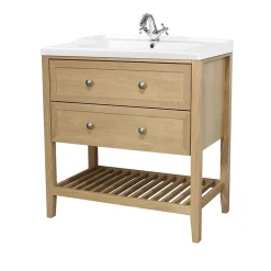 GoodHome Meuble sous vasque à poser 2 tiroirs 1 niche placage chêne l.80 cm Perma + plan vasque blanc Lana,