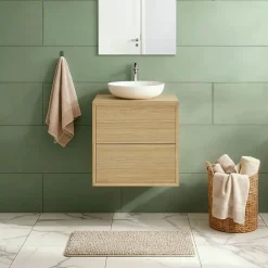 GoodHome Meuble sous vasque à suspendre Avela placage chêne 60 cm + plan de toilette Avela