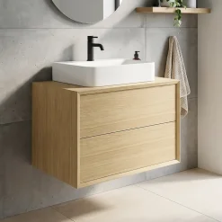GoodHome Meuble sous vasque à suspendre Avela placage chêne 80 cm + plan de toilette Avela