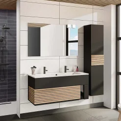 Meuble Vasque|Decotec Meuble sous vasque à suspendre Archi noir mat 120 cm + plan vasque en Céramyl® pour 2 mitigeurs