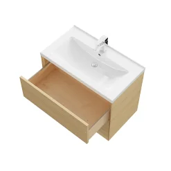 Meuble Vasque|GoodHome Meuble sous vasque à suspendre Avela placage chêne 80 cm + plan vasque Nira