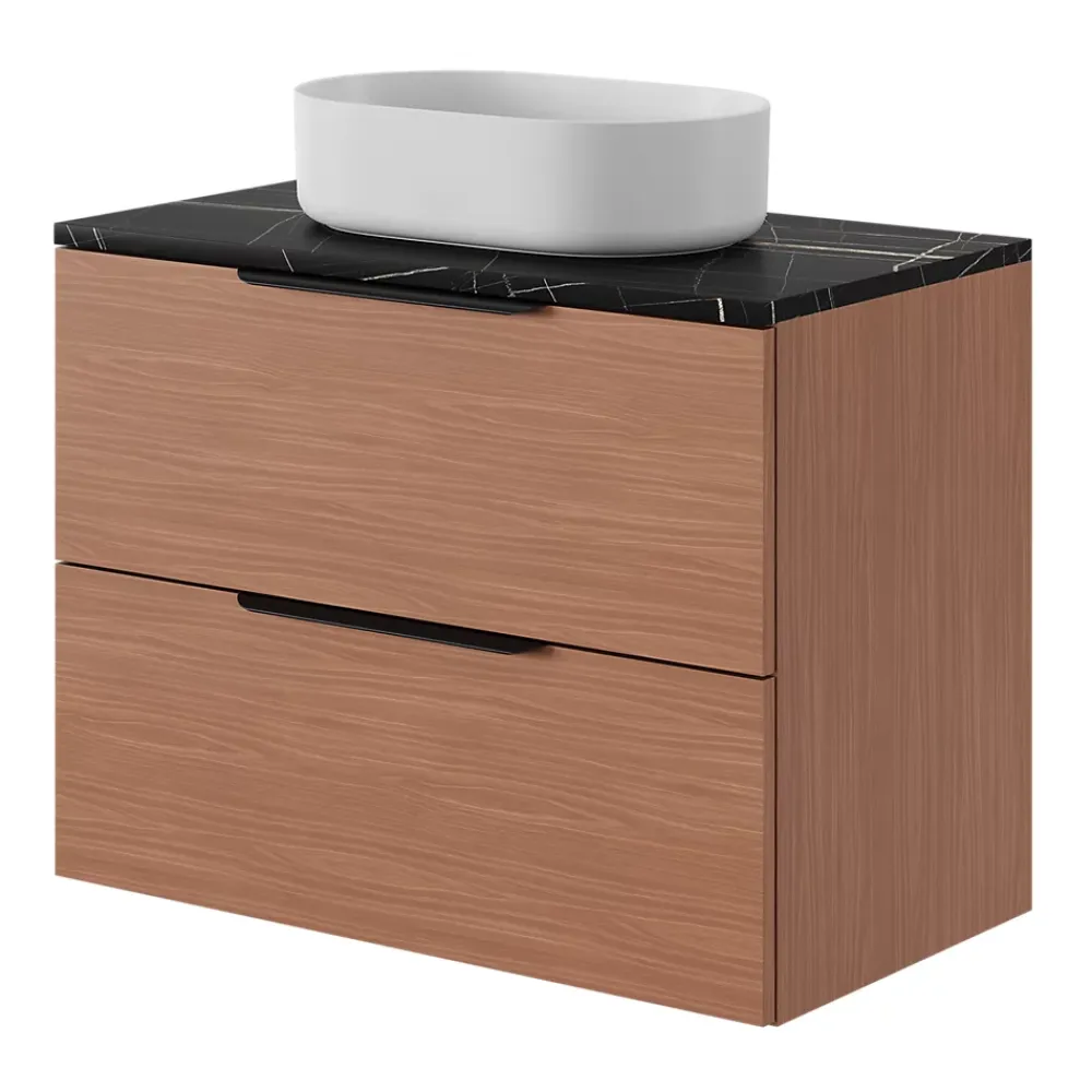 Meuble Sous-Vasque|GoodHome Meuble sous vasque 2 tiroirs sans poignées l.80 x H.60 x P.45 cm effet noyer Kentia