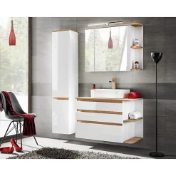 Meublorama Meuble sous vasque ASKA 94 cm blanc brillant Modèle suspendu avec tiroirs