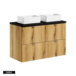 Meuble Sous Lavabo|Otitec Meuble sous vasque de 100 cm - avec 2 vasques à poser - avec plan - Noir/Oak - 4 tiroirs - VOLTA OAK