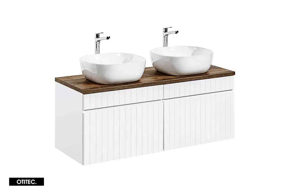 Meuble Sous Lavabo|Otitec Meuble sous vasque de 120 cm - avec 2 vasques à poser - avec plan - 2 tiroirs - MINO