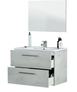 Meuble Sous Lavabo|Pegane Meuble sous vasque de salle de bain Suspendu 80 cm + miroir coloris béton - Hauteur 57 x Longueur 80 x Profondeur 45 cm