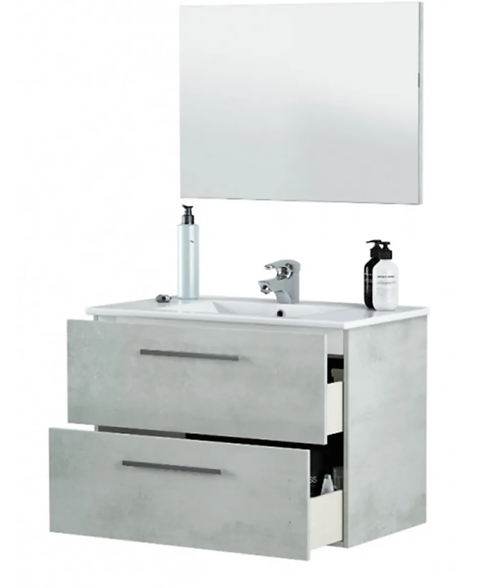 Meuble Sous Lavabo|Pegane Meuble sous vasque de salle de bain Suspendu 80 cm + miroir coloris béton - Hauteur 57 x Longueur 80 x Profondeur 45 cm