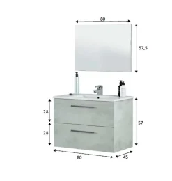 Meuble Sous Lavabo|Pegane Meuble sous vasque de salle de bain Suspendu 80 cm + miroir coloris béton - Hauteur 57 x Longueur 80 x Profondeur 45 cm