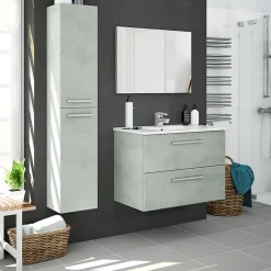 Meuble Sous Lavabo|Pegane Meuble sous vasque de salle de bain Suspendu 80 cm + miroir coloris béton - Hauteur 57 x Longueur 80 x Profondeur 45 cm