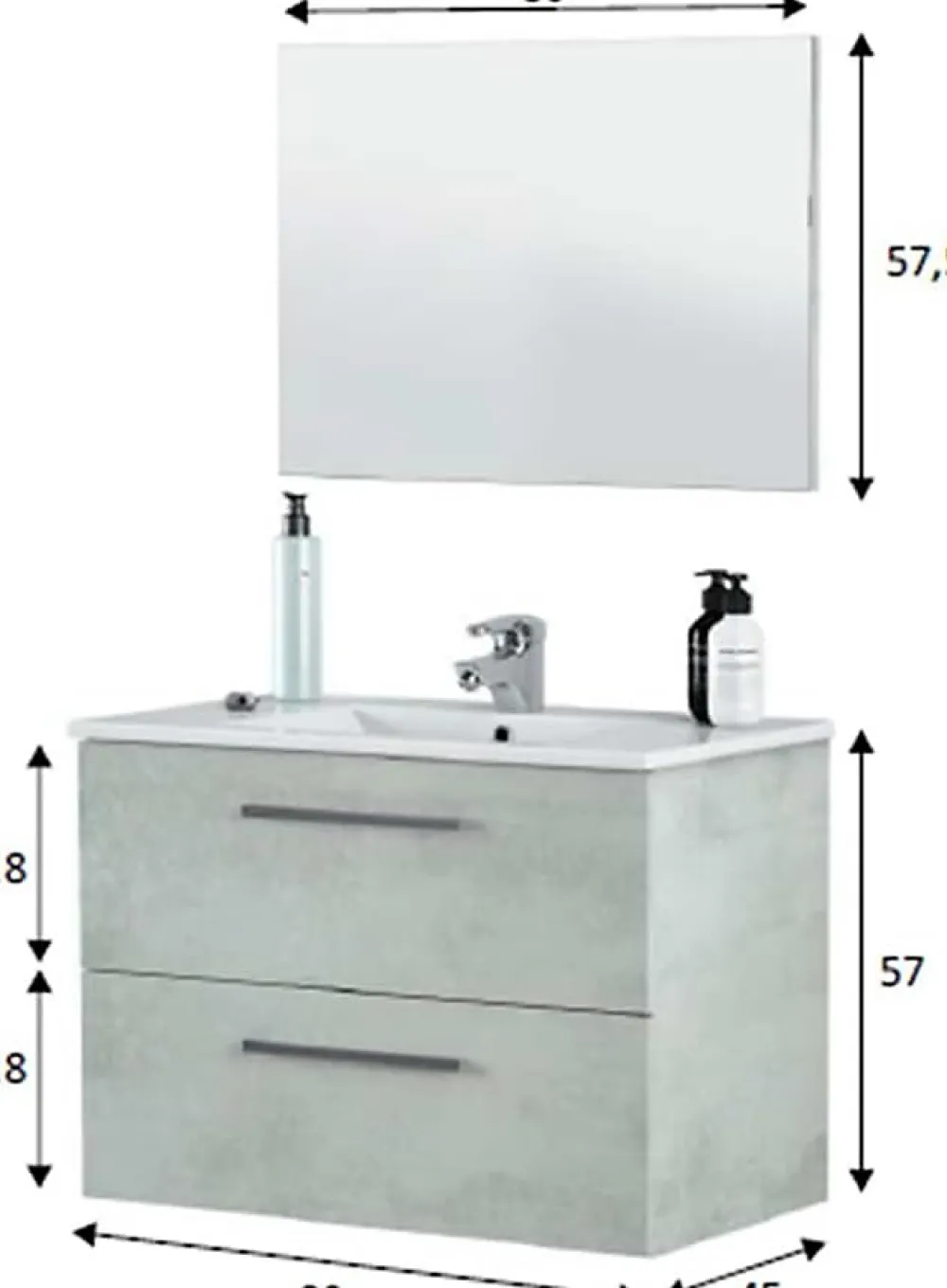 Meuble Sous Lavabo|Pegane Meuble sous vasque de salle de bain Suspendu 80 cm + miroir coloris béton - Hauteur 57 x Longueur 80 x Profondeur 45 cm