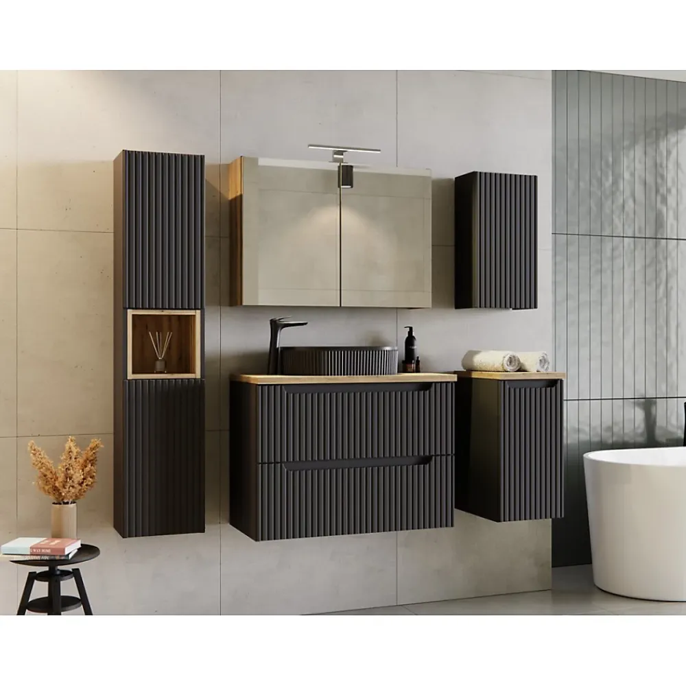 Meublorama Meuble sous vasque de salle de bain VANO 2 tiroirs Noir mat L50 x P39 x H57 cm Meuble suspendu