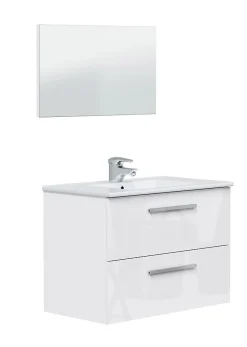 Pegane Meuble sous vasque de salle de bain Suspendu 80 cm avec 2 tiroirs + Miroir - Hauteur 57 x Longueur 80 x Profondeur 45 cm