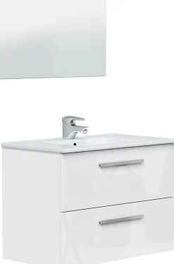 Pegane Meuble sous vasque de salle de bain Suspendu 80 cm avec 2 tiroirs + Miroir - Hauteur 57 x Longueur 80 x Profondeur 45 cm