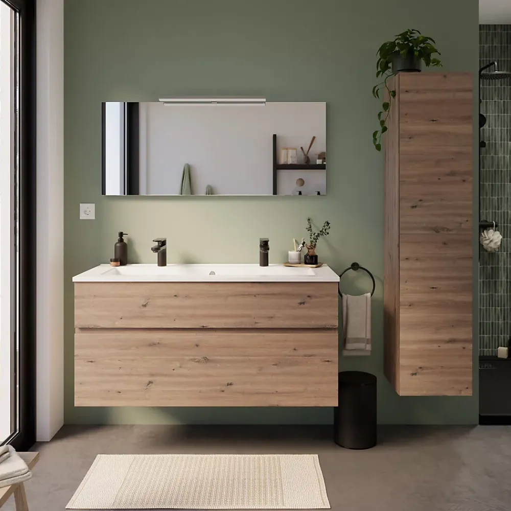 Meuble Buanderie|Meuble Sous-Vasque| Meuble sous vasque effet chêne artisan l.120 cm 2 tiroirs, Calao