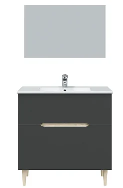 Meuble Sous Lavabo|Pegane Meuble sous vasque en panneaux de particules mélaminés coloris noir avec miroir - Longueur 80 x Profondeur 45 x Hauteur 80 cm