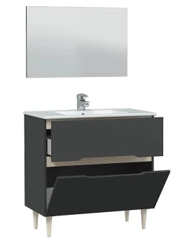 Meuble Sous Lavabo|Pegane Meuble sous vasque en panneaux de particules mélaminés coloris noir avec miroir - Longueur 80 x Profondeur 45 x Hauteur 80 cm