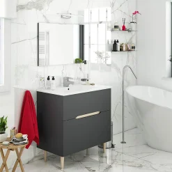 Meuble Sous Lavabo|Pegane Meuble sous vasque en panneaux de particules mélaminés coloris noir avec miroir - Longueur 80 x Profondeur 45 x Hauteur 80 cm