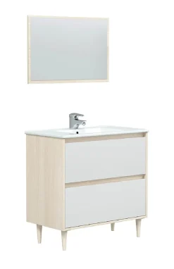 Etagère Salle De Bains|Pegane Meuble sous vasque en panneaux de particules mélaminés coloris chêne avec miroir - Longueur 80 x Profondeur 45 x Hauteur 80 cm