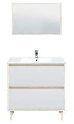 Etagère Salle De Bains|Pegane Meuble sous vasque en panneaux de particules mélaminés coloris chêne avec miroir - Longueur 80 x Profondeur 45 x Hauteur 80 cm