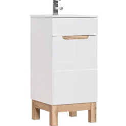 Meublorama Meuble sous vasque ERMANO Chene clair et blanc brillant 40x84 cm 1 porte À poser
