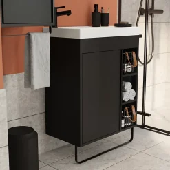 GoodHome Meuble sous vasque faible profondeur à poser avec porte-serviettes noir l.65 x H.82 x P.36 cm, Maza