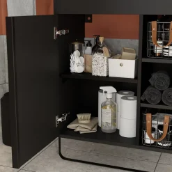 GoodHome Meuble sous vasque faible profondeur à poser avec porte-serviettes noir l.65 x H.82 x P.36 cm, Maza