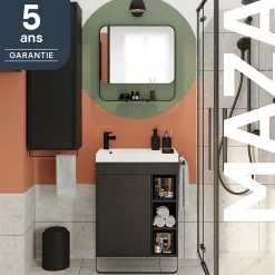 GoodHome Meuble sous vasque faible profondeur à poser avec porte-serviettes noir l.65 x H.82 x P.36 cm, Maza