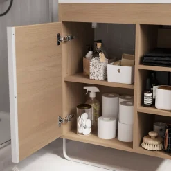 Meuble Buanderie|Meuble De Salle De Bains Faible Profondeur|GoodHome Meuble sous vasque faible profondeur à poser avec porte-serviettes effet bois l.65 x H.82 x P.36 cm, Maza