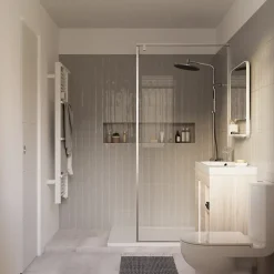 GoodHome Meuble sous vasque faible profondeur à poser avec porte-serviettes effet bois l.85 x H.82 x P.36 cm, Maza