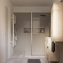 GoodHome Meuble sous vasque faible profondeur à poser avec porte-serviettes effet bois l.85 x H.82 x P.36 cm, Maza