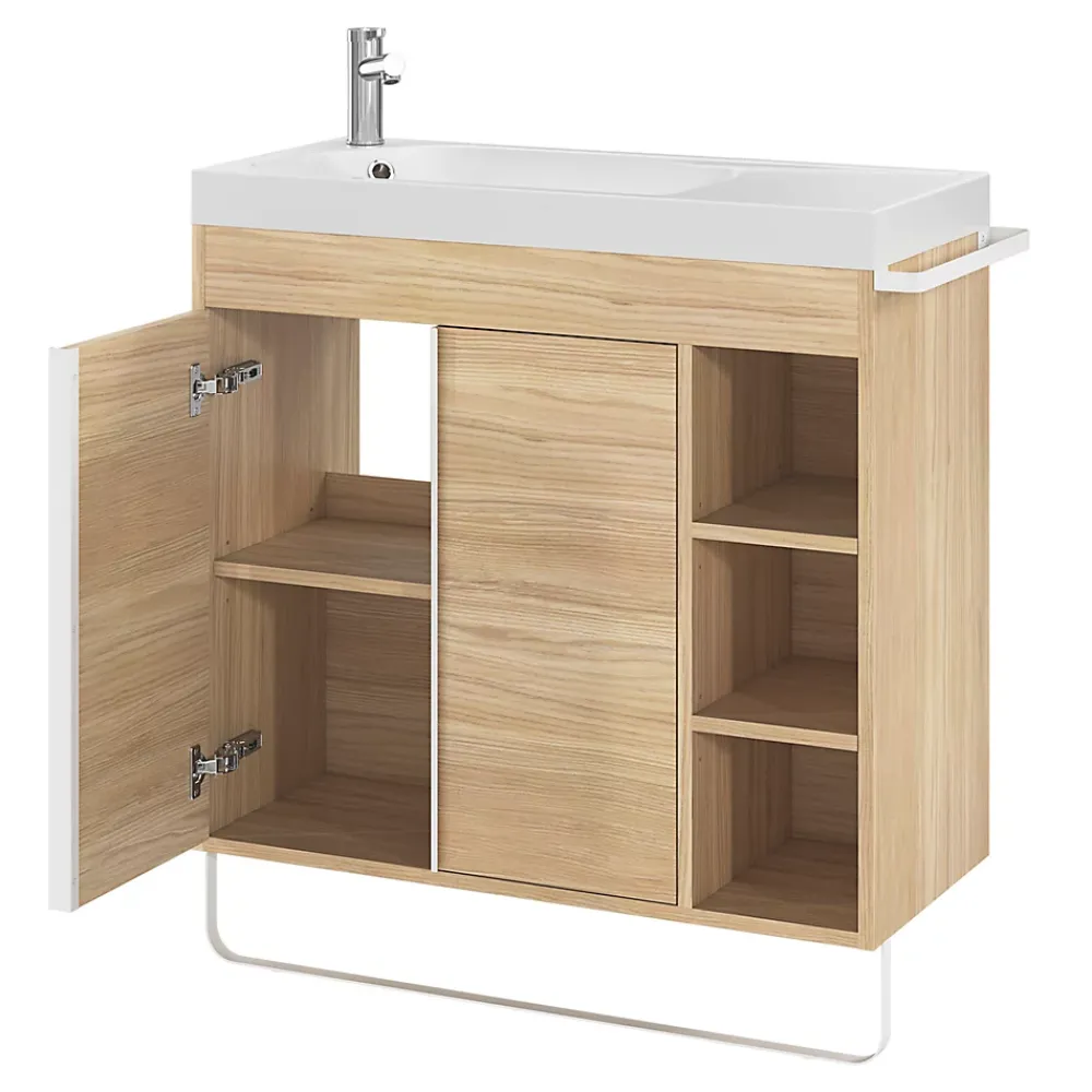 GoodHome Meuble sous vasque faible profondeur à poser avec porte-serviettes effet bois l.85 x H.82 x P.36 cm, Maza