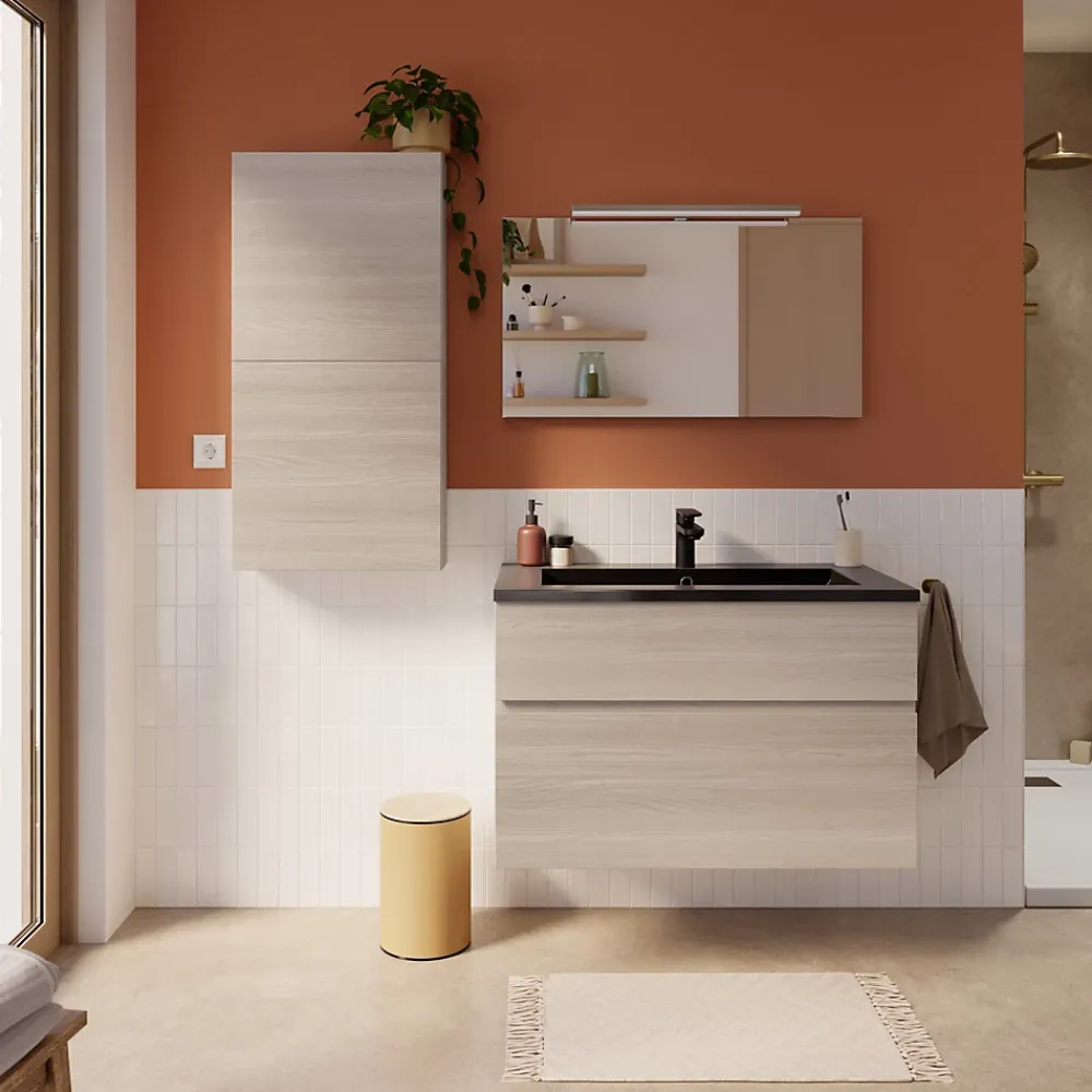 Meuble Buanderie|Meuble De Salle De Bains Faible Profondeur|Cooke & Lewis Meuble sous vasque faible profondeur effet chêne l.90 cm 2 tiroirs, Calao