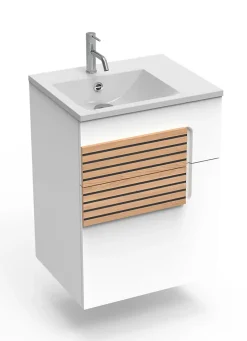 Decotec Meuble sous vasque faible largeur l.55 cm 1 tiroir blanc mat + plan vasque en Céramyl®, Archi