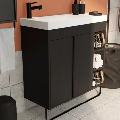 GoodHome Meuble sous vasque faible profondeur à poser avec porte-serviettes noir l.85 x H.82 x P.36 cm, Maza