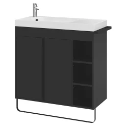 GoodHome Meuble sous vasque faible profondeur à poser avec porte-serviettes noir l.85 x H.82 x P.36 cm, Maza