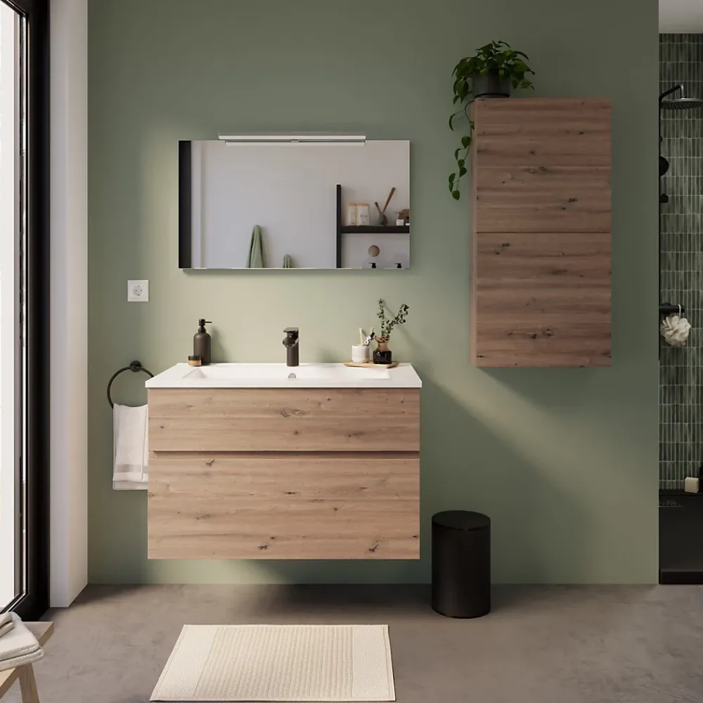 Meuble Buanderie|Meuble De Salle De Bains Faible Profondeur| Meuble sous vasque faible profondeur effet chêne artisan l.90 cm 2 tiroirs, Calao