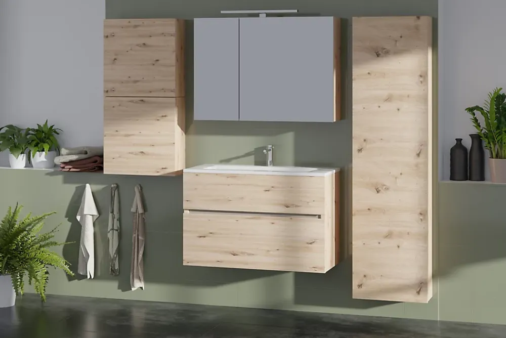 Meuble Buanderie|Meuble De Salle De Bains Faible Profondeur| Meuble sous vasque faible profondeur effet chêne artisan l.90 cm 2 tiroirs, Calao