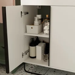 Meuble Buanderie|Meuble De Salle De Bains Faible Profondeur|GoodHome Meuble sous vasque faible profondeur à poser avec porte-serviettes blanc l.85 x H.82 x P.36 cm, Maza