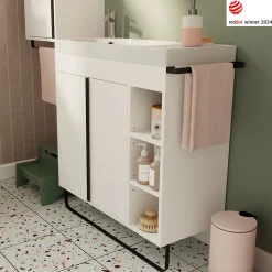 Meuble Buanderie|Meuble De Salle De Bains Faible Profondeur|GoodHome Meuble sous vasque faible profondeur à poser avec porte-serviettes blanc l.85 x H.82 x P.36 cm, Maza