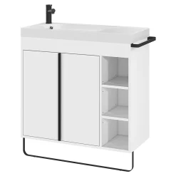 Meuble Buanderie|Meuble De Salle De Bains Faible Profondeur|GoodHome Meuble sous vasque faible profondeur à poser avec porte-serviettes blanc l.85 x H.82 x P.36 cm, Maza