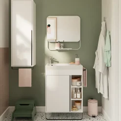 Meuble Buanderie|Meuble De Salle De Bains Faible Profondeur|GoodHome Meuble sous vasque faible profondeur à poser avec porte-serviettes blanc l.65 x H.82 x P.36 cm, Maza