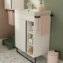 Meuble Buanderie|Meuble De Salle De Bains Faible Profondeur|GoodHome Meuble sous vasque faible profondeur à poser avec porte-serviettes blanc l.65 x H.82 x P.36 cm, Maza