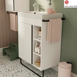 Meuble Buanderie|Meuble De Salle De Bains Faible Profondeur|GoodHome Meuble sous vasque faible profondeur à poser avec porte-serviettes blanc l.65 x H.82 x P.36 cm, Maza