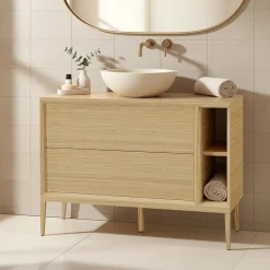 GoodHome Meuble sous vasque Avela placage chêne 100 cm + plan de toilette Avela 120 cm + niche 20 cm + pieds