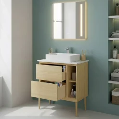 Meuble Buanderie|GoodHome Meuble sous vasque Avela placage chêne 60 cm + plan de toilette Avela 80 cm + niche 20 cm + pieds