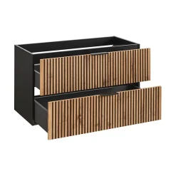 Meuble Sous-Vasque|Meublorama Meuble sous vasque KINOKO 2 tiroirs Finition lattes bois naturel et noir L100 x P46 x H57 cm Meuble suspendu